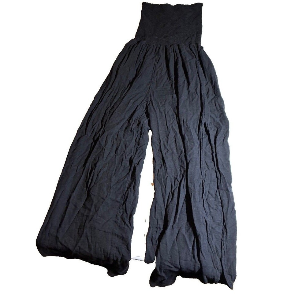 Elan Black Jumpsuit Sz M Strapless Smocked Wide-Leg Pockets Cotton Beachy sexy